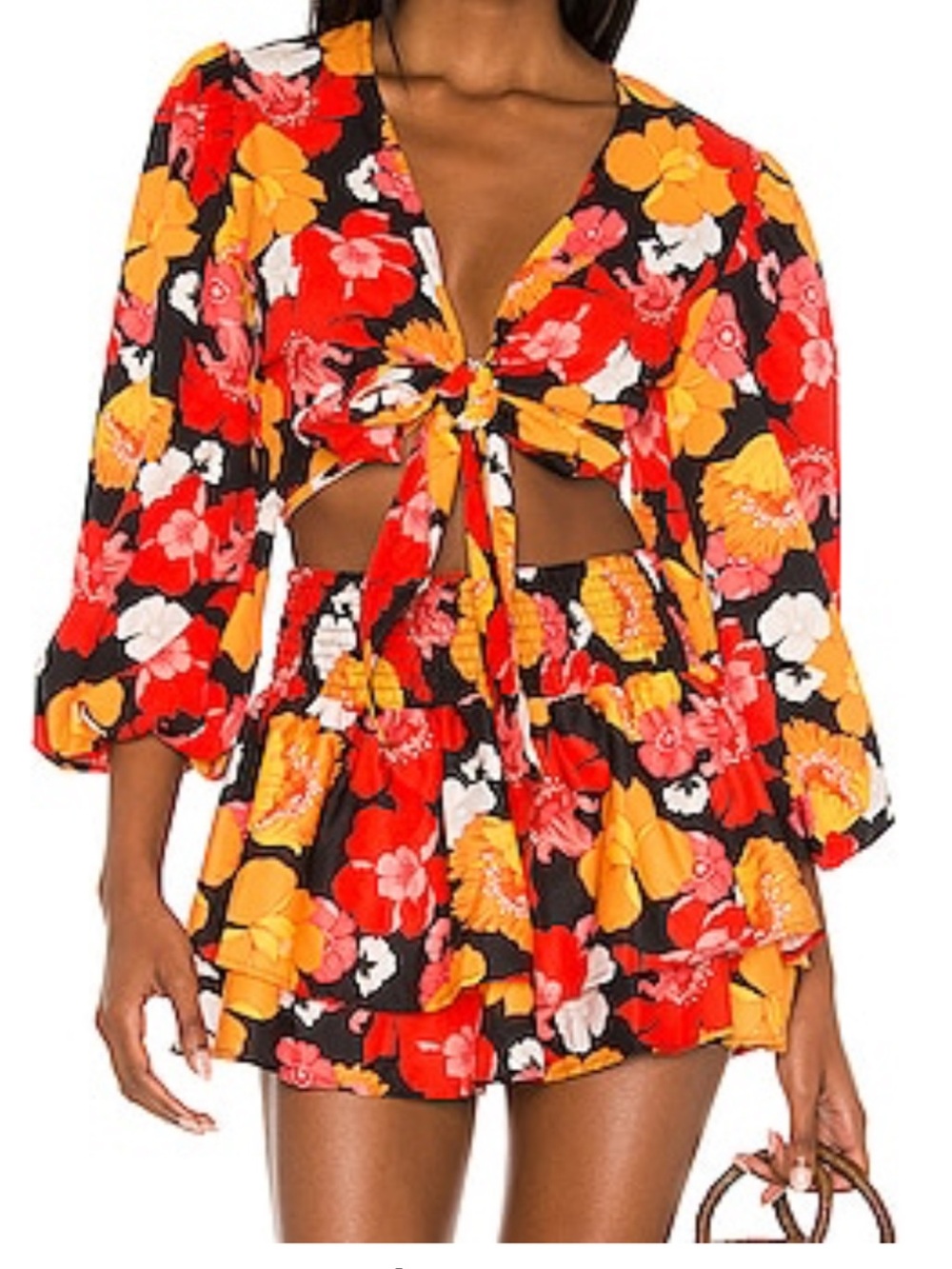 Agua Bendita Black Floral Tie-Front Crop Top and matching skirt set